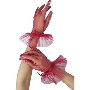 Women's Evening Burgundy Ruffles Mesh Tulle Short Gloves Wedding Party Accessory
